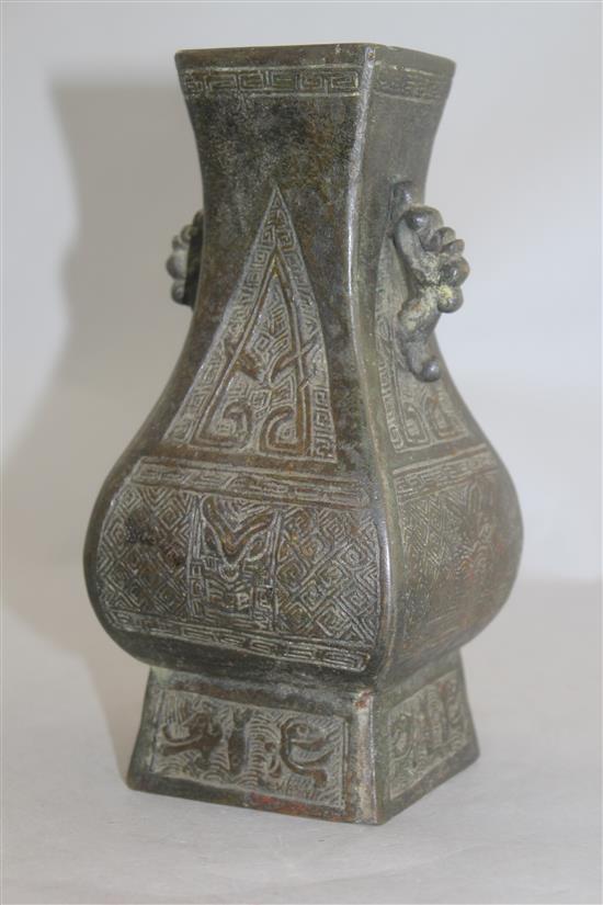 A Chinese square baluster two handled vase, Fanghu, probably Ming dynasty, 18.5cm